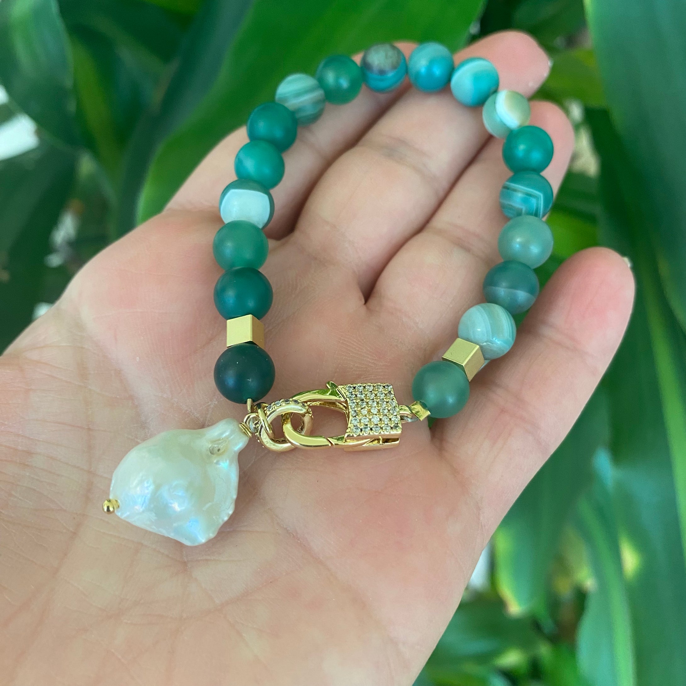 Green or Hot Pink Mat Sardonyx Bracelet with Baroque Pearl Charm