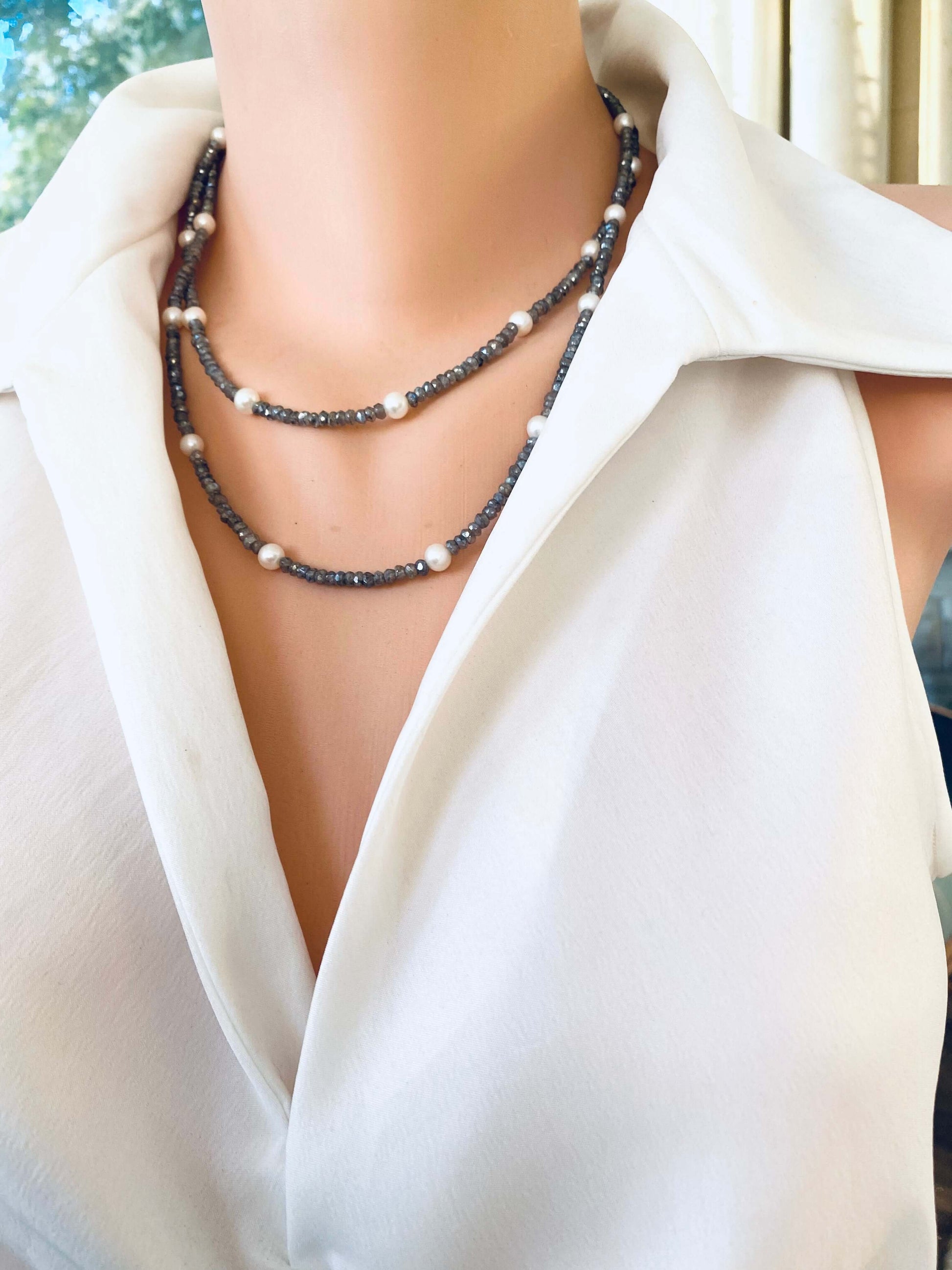 Labradorite pearl necklace 40 inches showcased on a mannequin with a white blouse, highlighting its handcrafted elegance.