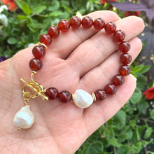 Load image into Gallery viewer, Carnelian and White Baroque Pearl Beaded Bracelet, Gold Plated Details, 7.25&quot;in
