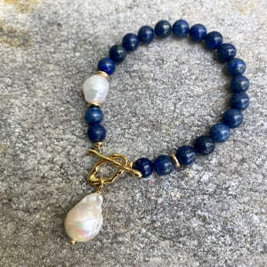 Lapis Lazuli and White Baroque Pearl Bracelet, Gold Plated Details, December Birthstone, 7.5"inches