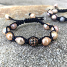 Load image into Gallery viewer, Pastel Baroque Pearl Braided Bracelet, Black Thread, Shamballa Macrame Bracelet, June Birthstone
