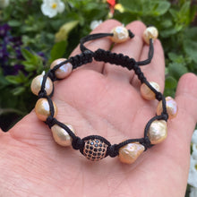 Cargar imagen en el visor de la galería, Pastel Baroque Pearl Braided Bracelet, Black Thread, Shamballa Macrame Bracelet, June Birthstone
