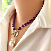 Load image into Gallery viewer, Amethyst Toggle Necklace with Baroque Pearl Pendant, Artisan Gold Bronze &amp; Gold Filled Details, 18&quot;in, February Birthstone

