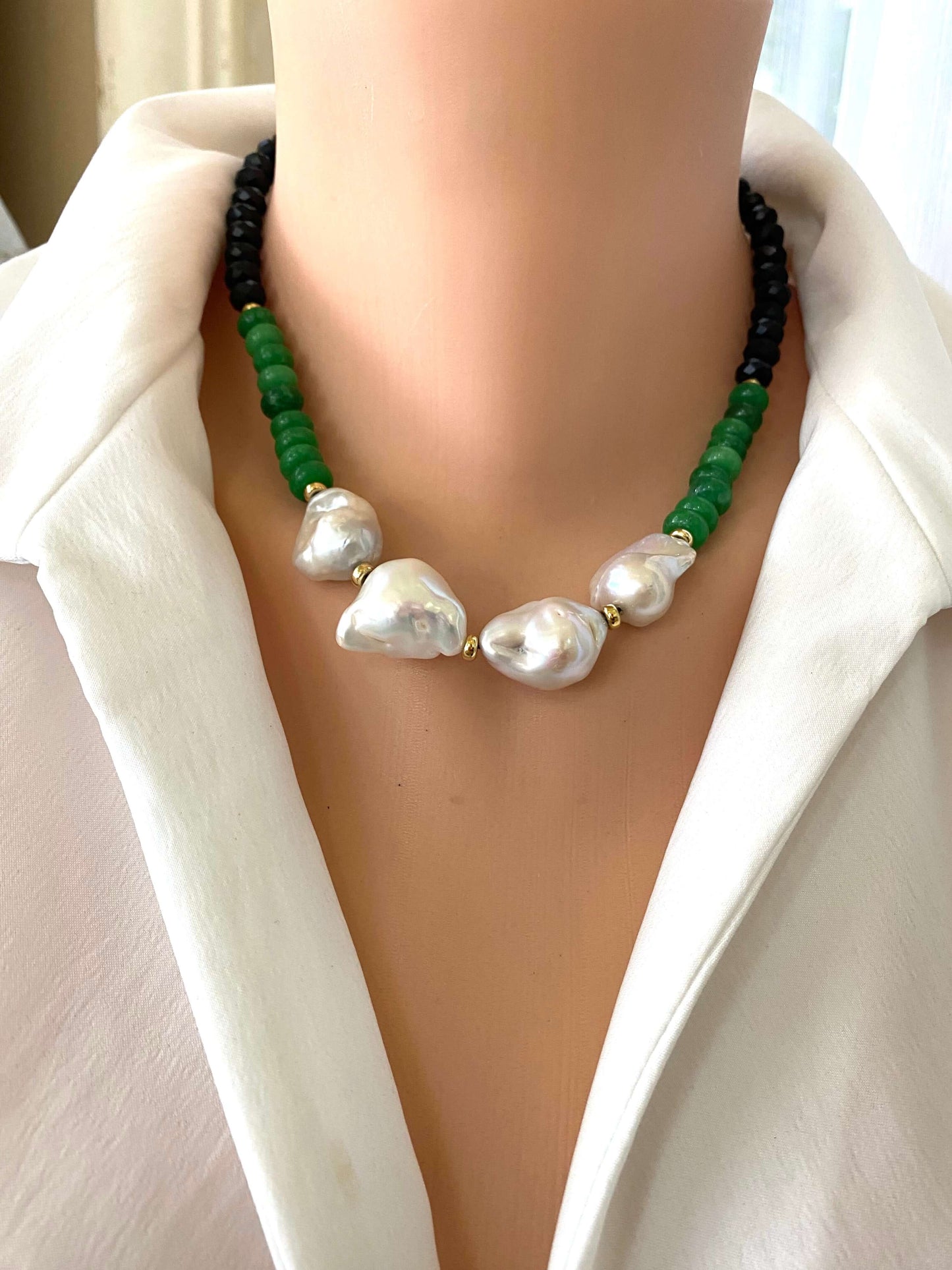Short Green Jade & Black Tourmaline Pearl Necklace featuring luminous pearls and a bold design.