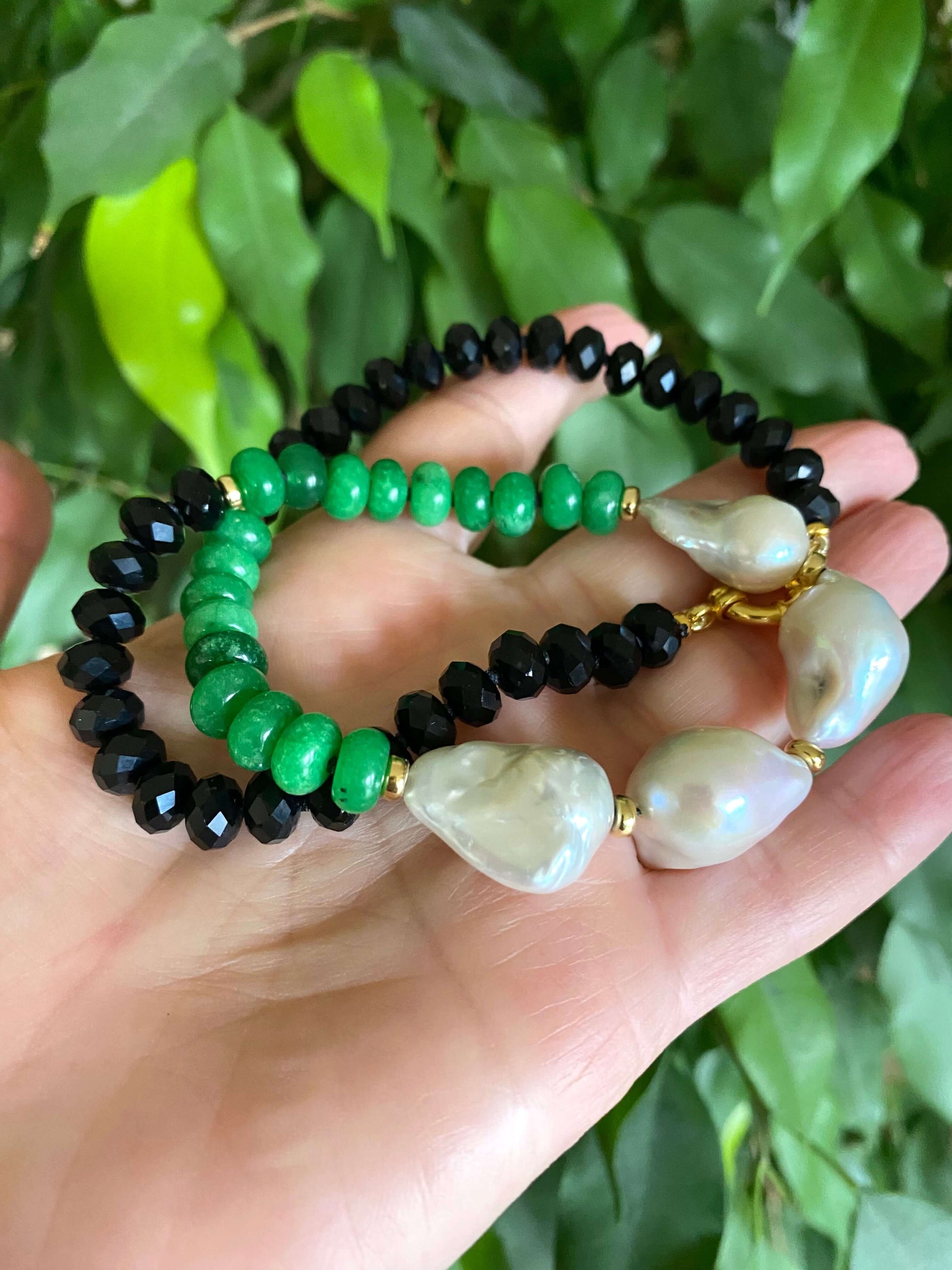 Short green jade black tourmaline pearl necklace with baroque pearls and gold clasp, handmade in Canada.