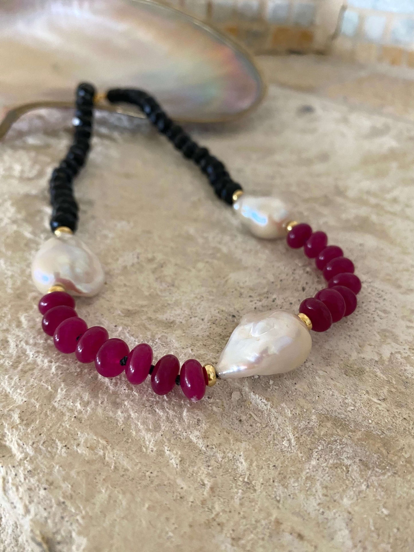 Hot Pink Jade Tourmaline Necklace featuring handcrafted baroque pearl design with vivid hot pink jade beads.