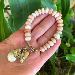 Genuine Pink Opal Toggle Bracelet, Artisan Statement Bracelet, Gold Bronze Heart Charm and baroque Pearl Pendant, 8"in