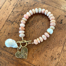 Lade das Bild in den Galerie-Viewer, Genuine Pink Opal Toggle Bracelet, Artisan Statement Bracelet, Gold Bronze Heart Charm and baroque Pearl Pendant, 8&quot;in
