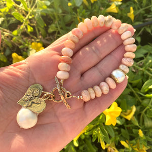 Genuine Pink Opal Toggle Bracelet, Artisan Statement Bracelet, Gold Bronze Heart Charm and baroque Pearl Pendant, 8"in