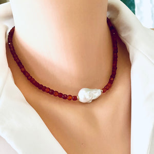 Burnt Orange Carnelian Necklace, Freshwater White Baroque Pearl and Gold Filled Details, 16"inches +2"