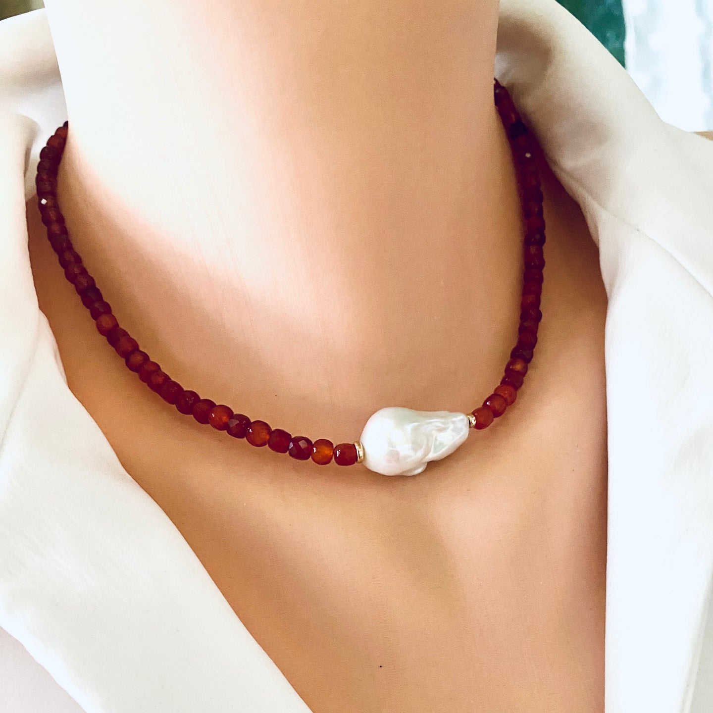 Burnt Orange Carnelian Necklace, Freshwater White Baroque Pearl and Gold Filled Details, 16