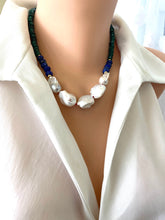Cargar imagen en el visor de la galería, Malachite Lapis Lazuli Baroque Pearl Necklace shown on mannequin, hand-knotted on red silk thread in Canada.
