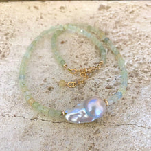 Cargar imagen en el visor de la galería, Light Green Prehnite Necklace with Freshwater White Baroque Pearl &amp; Gold Filled Details, 16&quot;inches +2&quot;, Summer Jewelry
