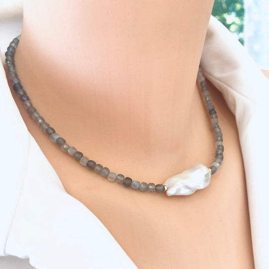 Labradorite necklace featuring blue flash and baroque pearl, showcasing handcrafted beauty and elegant design.