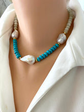 Cargar imagen en el visor de la galería, Handmade green jade and turquoise pearl necklace shown on mannequin neck side view
