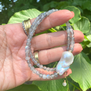 Blue Flash Labradorite Necklace with Freshwater White Baroque Pearl & Gold Filled Details, 16"inches +2" – Handmade in Canada