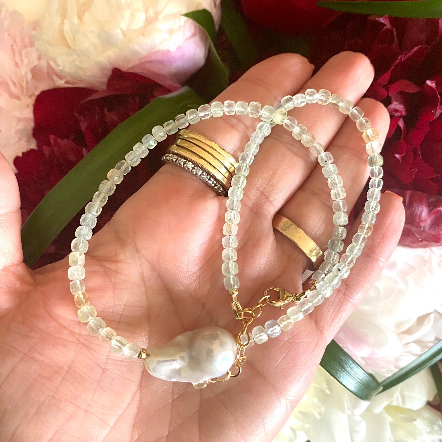 Prehnite necklace featuring light green prehnite faceted cube beads and baroque pearl, showcasing subtle elegance.