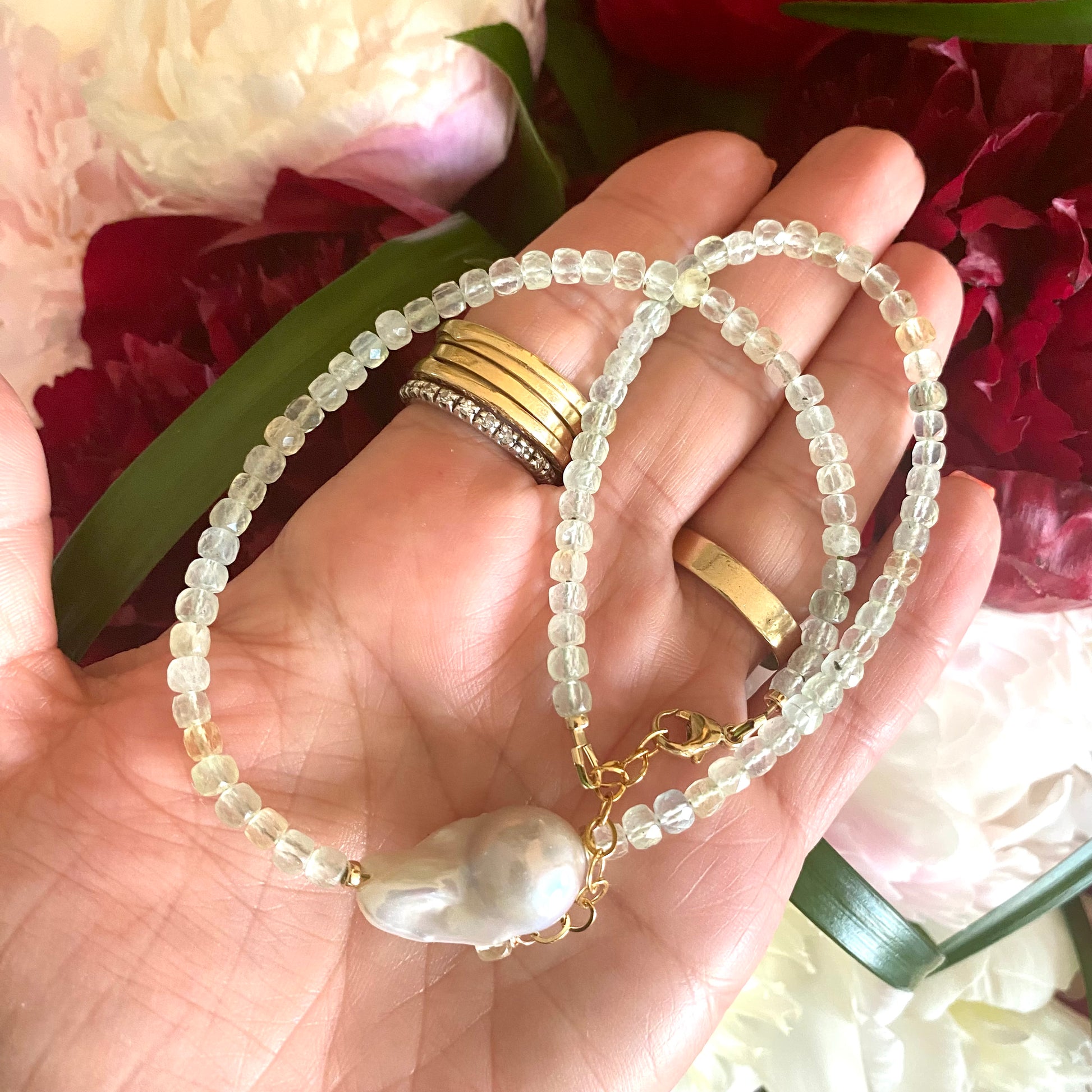 Prehnite necklace featuring light green prehnite faceted cube beads and baroque pearl, showcasing subtle elegance.