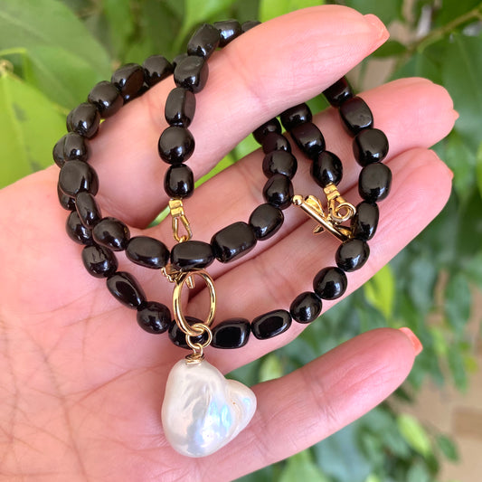 Black Tourmaline & Baroque Pearl Necklace, Honey Bees Clasp