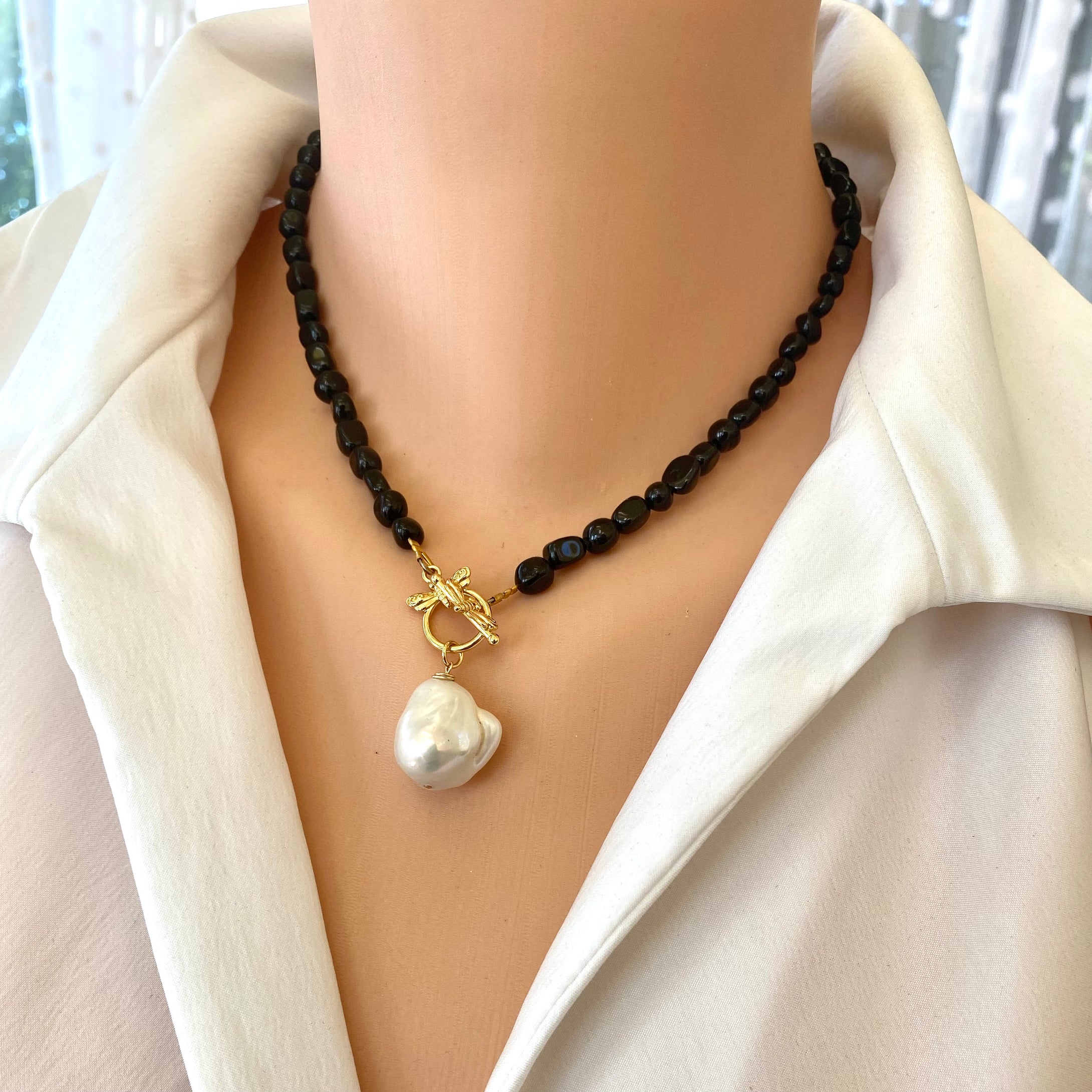 Black Tourmaline and Genuine Baroque Pearl Beaded Necklace with Honey Bees Toggle Clasp, 17