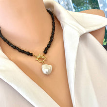 Load image into Gallery viewer, Black Tourmaline &amp; Baroque Pearl Necklace, Honey Bees Clasp
