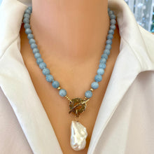 Carica l&#39;immagine nel visualizzatore di Gallery, Aquamarine Necklace w Freshwater Baroque Pearl, Gold Bronze &amp; Gold Filled, 19&quot;in
