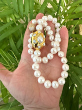 Load image into Gallery viewer, White Potato Pearl Necklace, 9–11mm, Gold Plated Focal Accent, CZ Pavé Magnetic Clasp, 16.5"–18.5"
