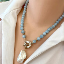Carica l&#39;immagine nel visualizzatore di Gallery, Aquamarine Necklace w Freshwater Baroque Pearl, Gold Bronze &amp; Gold Filled, 19&quot;in
