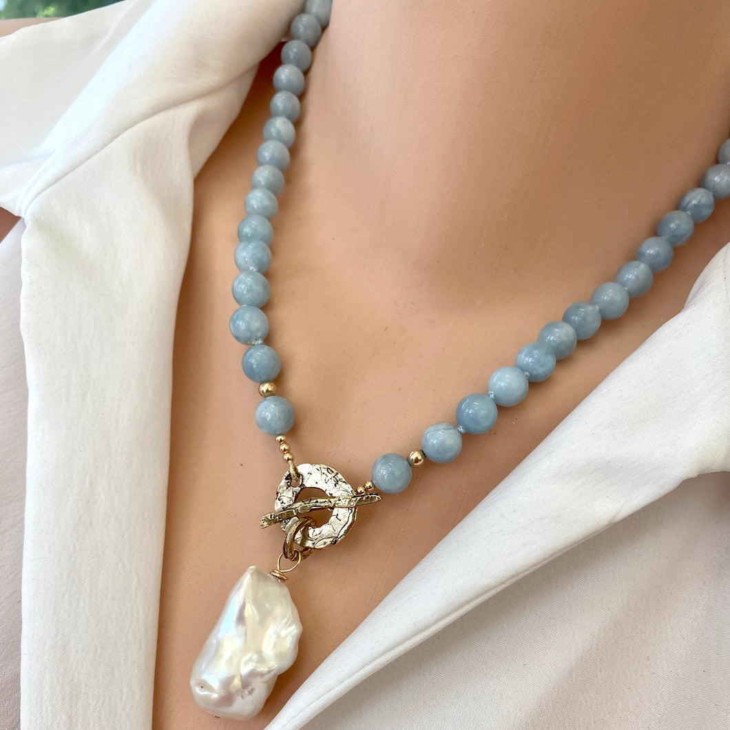 Aquamarine Necklace w Freshwater Baroque Pearl, Gold Bronze & Gold Filled, 19