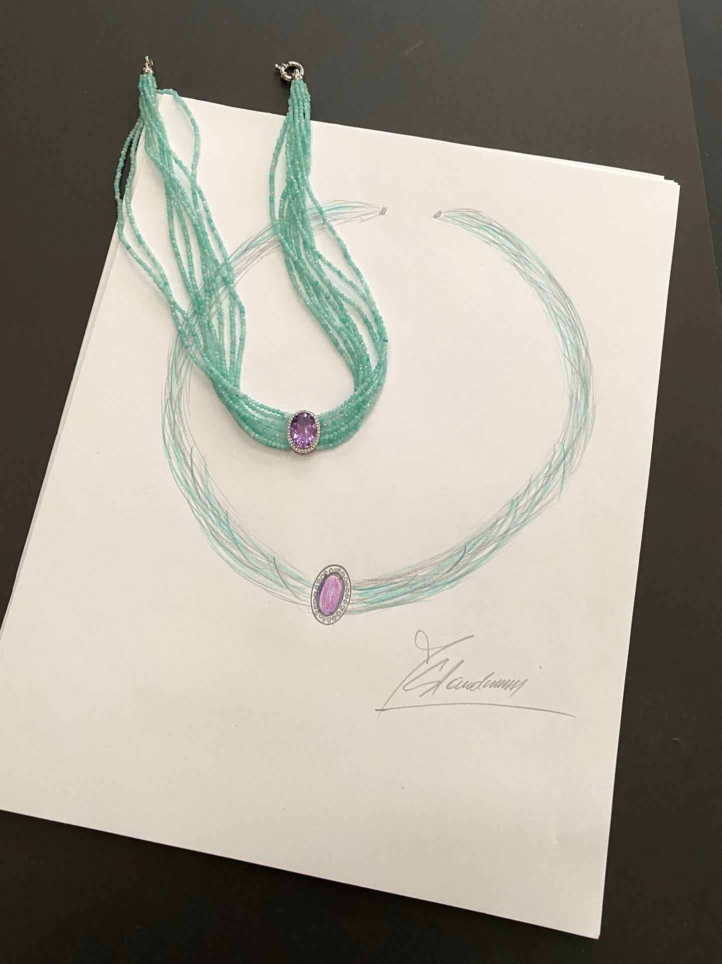 Amethyst Amazonite Choker Necklace – 8-Strand Twisted Gemstone Collar with sketch on paper.