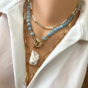 Aquamarine Necklace w Freshwater Baroque Pearl, Gold Bronze & Gold Filled, 19"in
