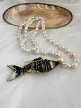 Load image into Gallery viewer, Black Cloisonné Fish Pendant Necklace, 35", Hand Knotted White Baroque Pearls, 9–11mm
