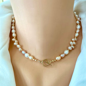 Freshwater Pastel Pearls Toggle Necklace with Gold Filled Details, June Birthstone Gift for Her, 16"inc