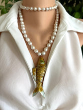 Charger l'image dans la galerie, White Baroque Pearl Necklace with Cloisonné Fish Pendant, 9–11mm Hand Knotted Pearls, 32" or 34"
