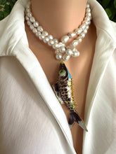 Load image into Gallery viewer, Burgundy Koi Fish Pendant Necklace, 35", Hand Knotted White Baroque Pearls, 9–11mm
