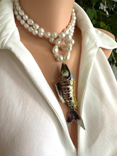 Load image into Gallery viewer, Burgundy Koi Fish Pendant Necklace, 35", Hand Knotted White Baroque Pearls, 9–11mm
