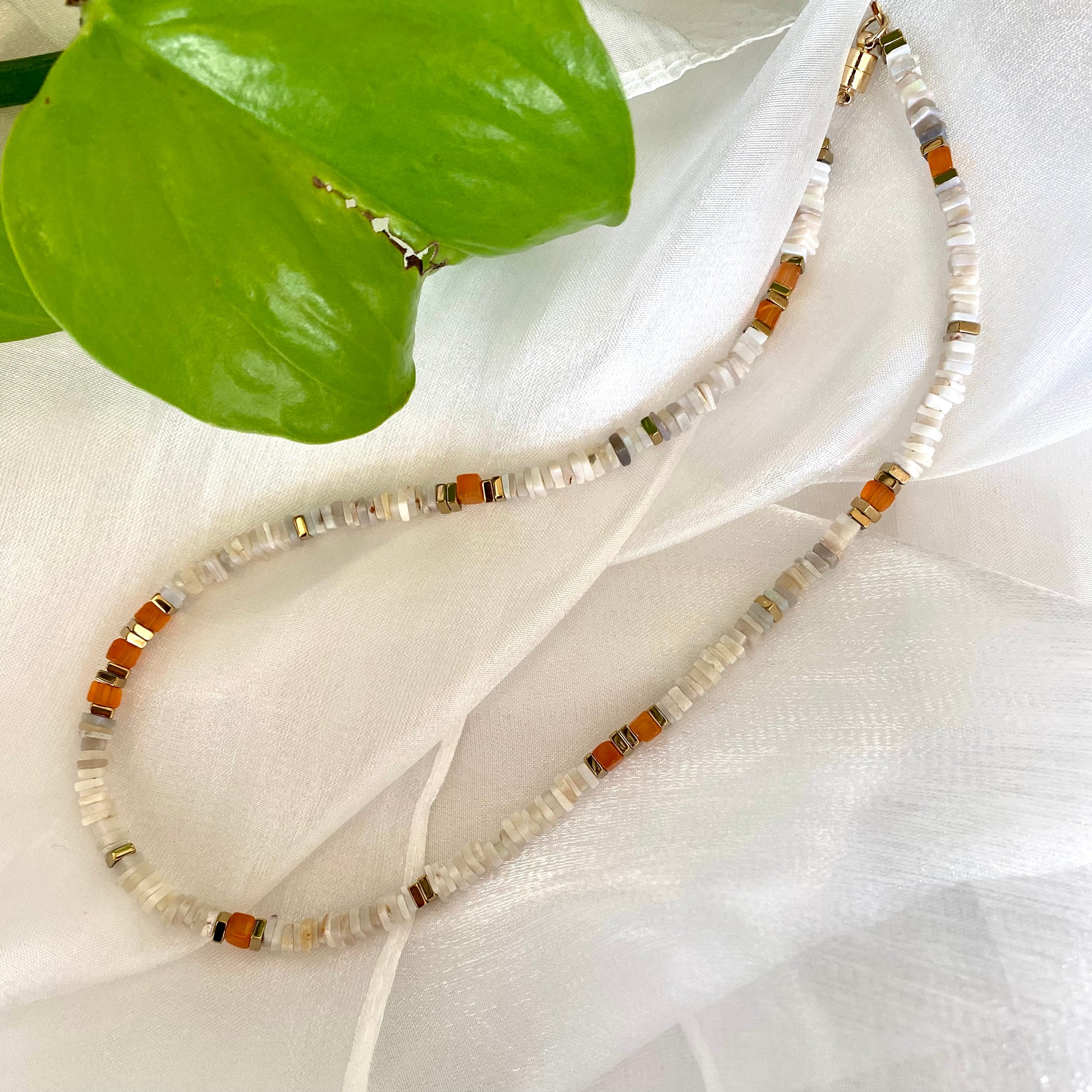 Opal carnelian necklace featuring Australian opal heishi beads and carnelian cubes