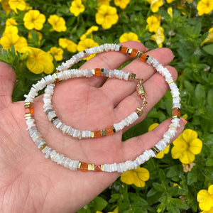 white opals with orange carnelian and gold hematite necklace