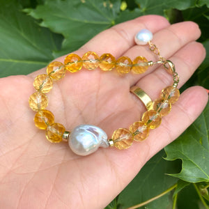 Citrine and Baroque Pearl Bracelet, 14k Gold Filled, November Birthstone , 7"inch