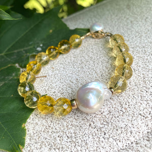 Citrine and Baroque Pearl Bracelet, 14k Gold Filled, November Birthstone , 7"inch