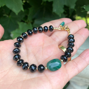 Black Spinel and Green Emerald Bracelet, 14K Gold Filled, May Birthstone Gifts, 7"inch