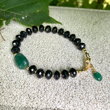 Cargar imagen en el visor de la galería, Black Spinel and Green Emerald Bracelet, 14K Gold Filled, May Birthstone Gifts, 7&quot;inch
