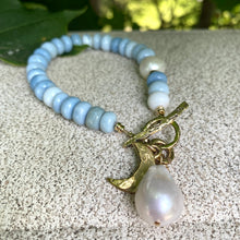 Charger l&#39;image dans la galerie, Blue Opal Toggle Bracelet with Freshwater Baroque Pearls &amp; Moon Charm, Gold Filled and Gold Bronze, 8&quot;
