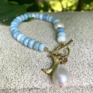Blue Opal Toggle Bracelet with Freshwater Baroque Pearls & Moon Charm, Gold Filled and Gold Bronze, 8"