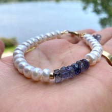 Load image into Gallery viewer, Blue Iolite &amp; Freshwater Button Pearl Bracelet, 14K Gold Filled, 7&quot;inches
