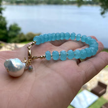 Load image into Gallery viewer, Aqua Blue Chalcedony Bracelet with Starfish and Baroque Pearl Charm, Gold Filled, 7&quot;in
