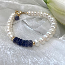 Load image into Gallery viewer, Blue Iolite &amp; Freshwater Button Pearl Bracelet, 14K Gold Filled, 7&quot;inches
