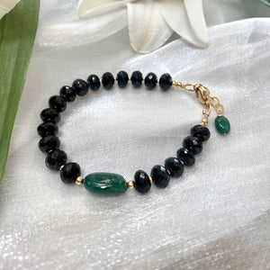 Black Spinel and Green Emerald Bracelet, 14K Gold Filled, May Birthstone Gifts, 7"inch