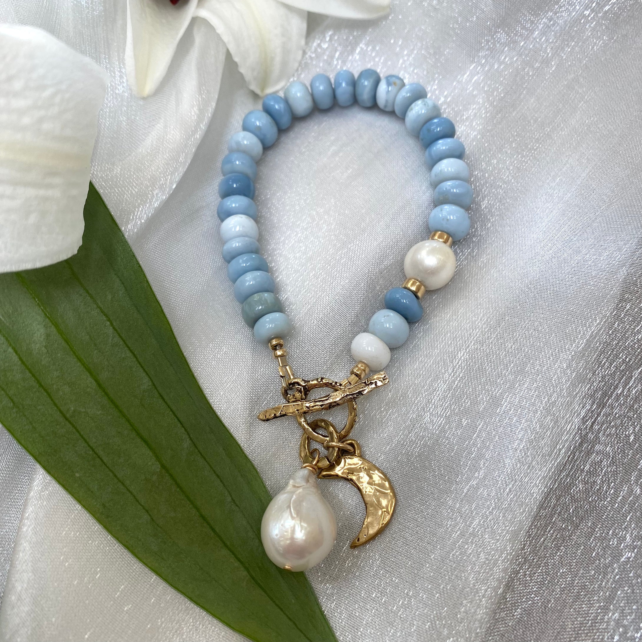 Blue Opal Toggle Bracelet with Freshwater Baroque Pearls & Moon Charm, Gold Filled and Gold Bronze, 8