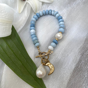 Blue Opal Toggle Bracelet with Freshwater Baroque Pearls & Moon Charm, Gold Filled and Gold Bronze, 8"